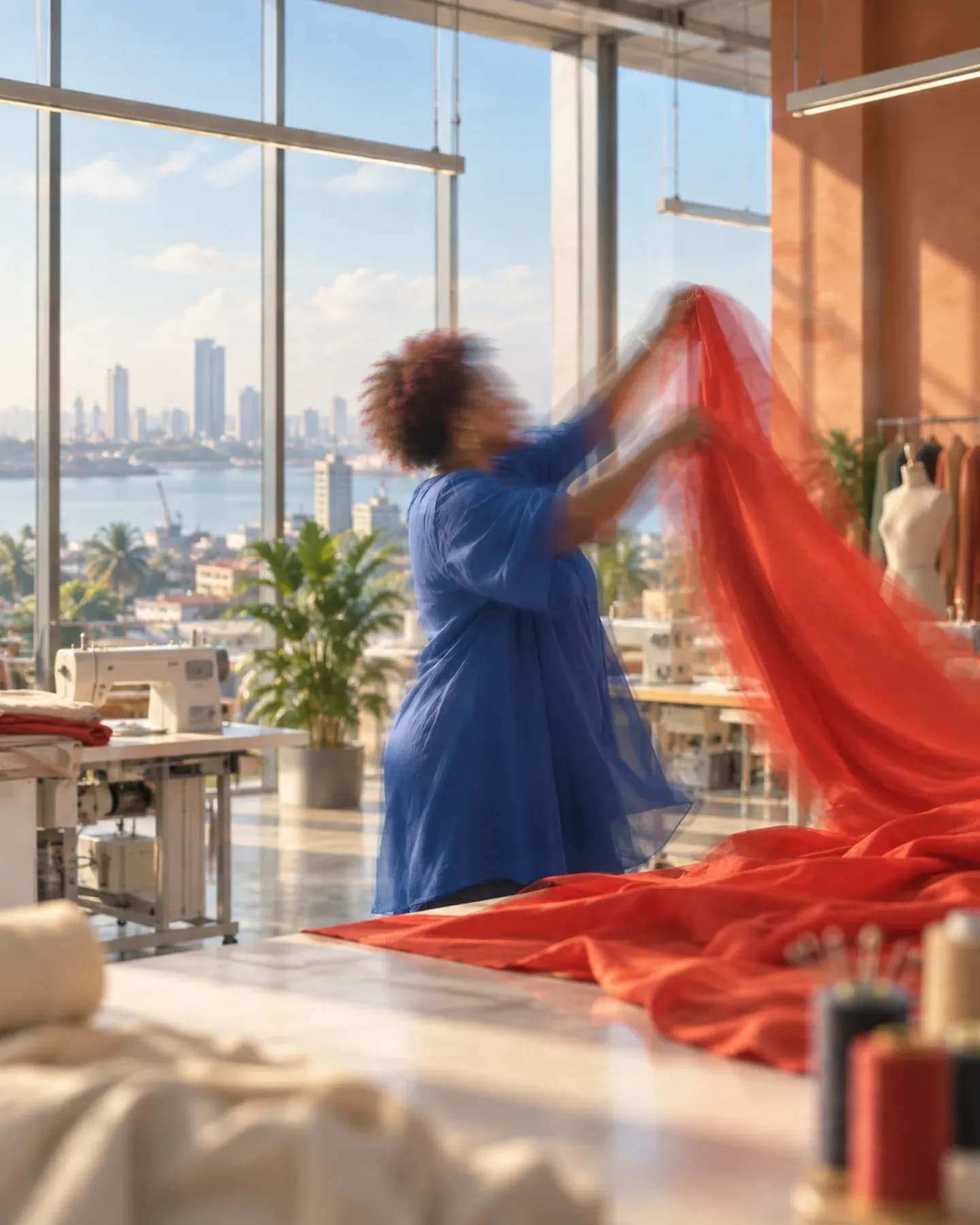 A woman in a blue dress lifts a length of red fabric in a tailoring studio, sewing machines and the sea behind her.