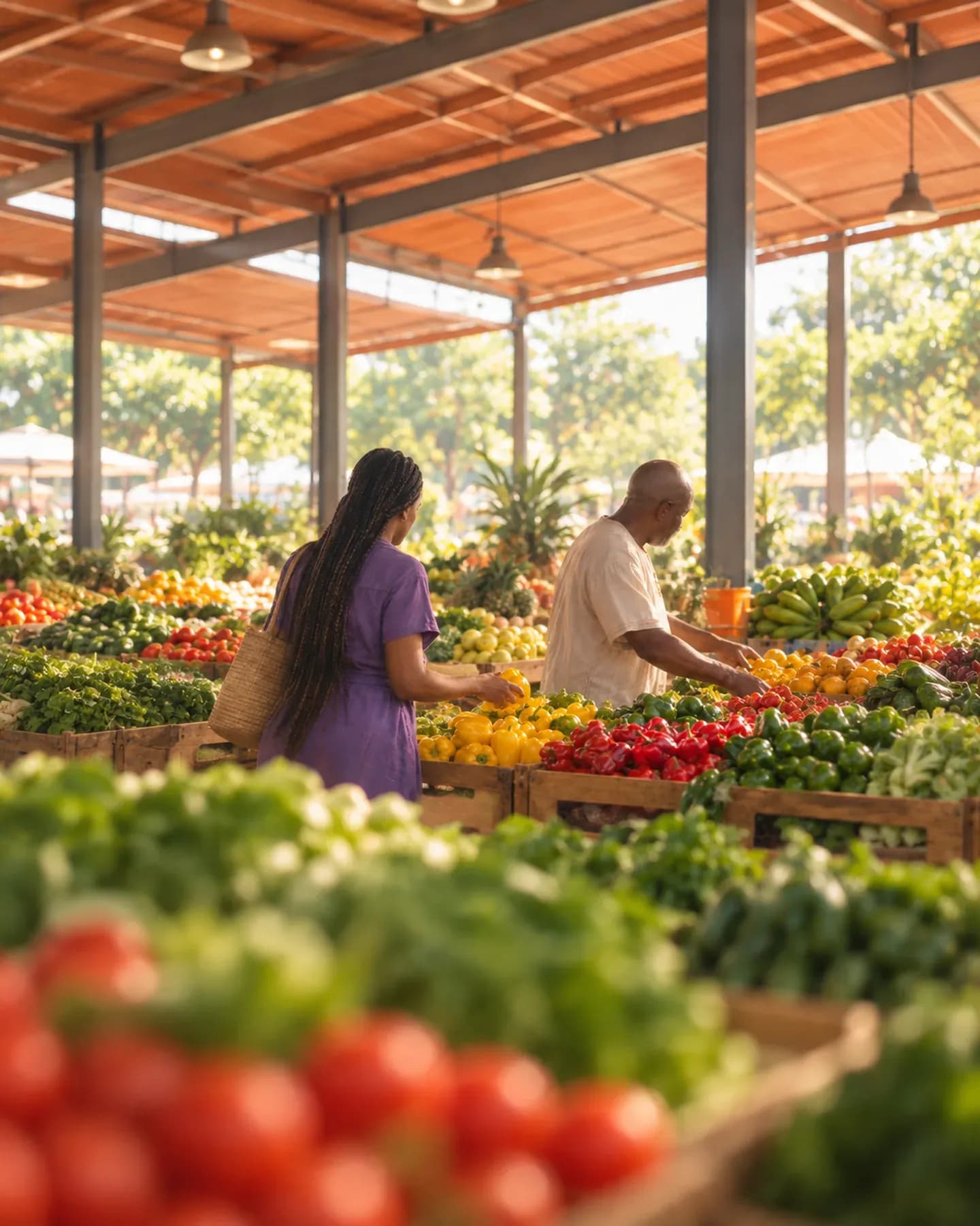 A woman in purple selects a yellow pepper as a man in cream arranges vegetables at a covered produce market in Lekki, Lagos.