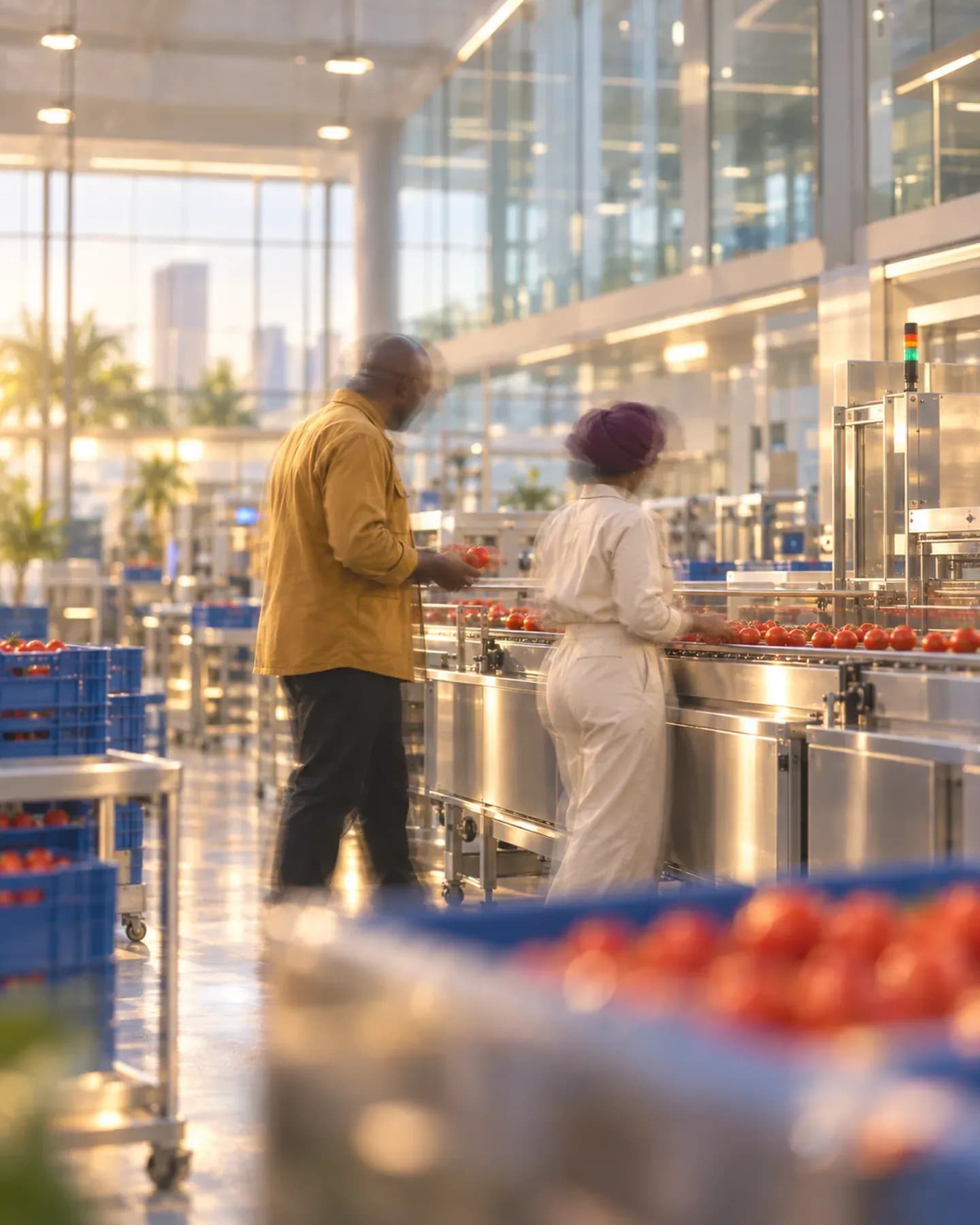 A man and a woman in white overalls inspect tomatoes on a steel sorting line in a bright food-processing hall.