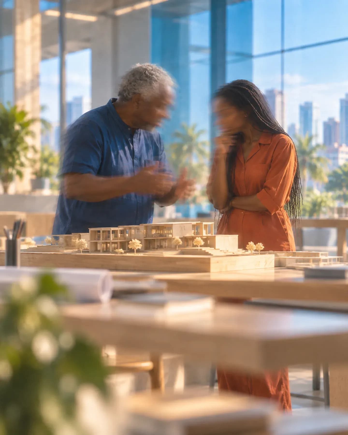 An older man and a younger woman discuss a wooden architectural model on a table in a bright studio overlooking the city.